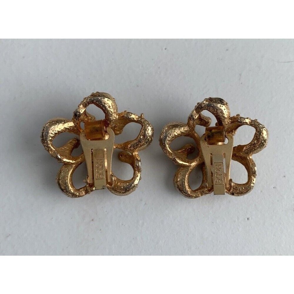 Vintage Hobe Gold Tone Faux Pearl Rhinestone Bows  7" Bracelet Clip Earring Set - Picture 11 of 12